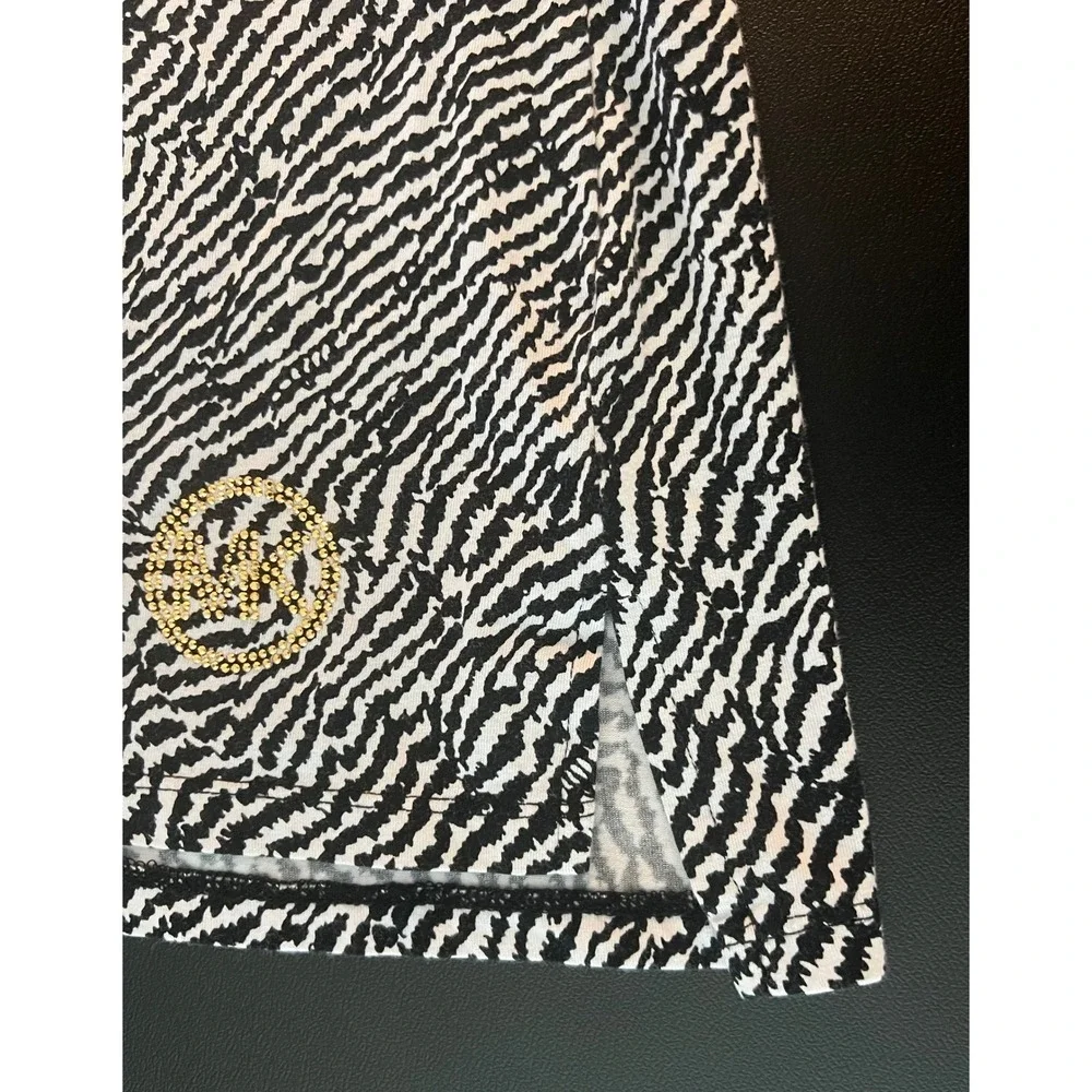Michael Kors Zebra Print Sleeveless Top Gold Zip Shoulder Studded Logo L (1189)